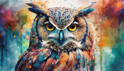 Abstract animal Owl portrait with colorful double exposure paint