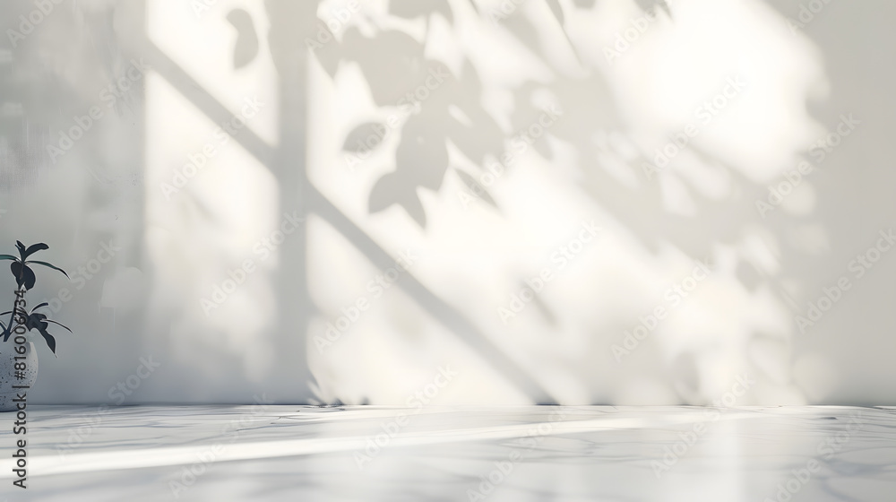 Poster Minimalistic light background with blurred foliage shadow on a light wall Beautiful background for presentation with with marble floor : Generative AI