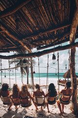 A high contras photo, girls sit in the shade of a cabana on a tropical beach swing, laughing and relaxing on vacation . Swim suits, looking at the ocean, spring break, bachelorette, pano
