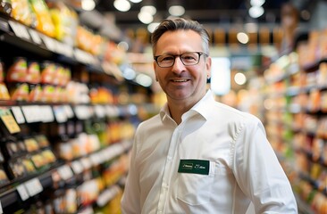 Fototapeta premium Portrait of a middle aged male manager in a white shirt with a green badge on his arm standing between shelves at a supermarket,