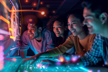 A group of young friends enjoys interacting with a vibrant and colorful digital touchscreen table, filled with laughter and engagement.