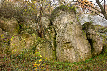 Autumn landscape with picturesque rocks in the forest. Nature of Poland