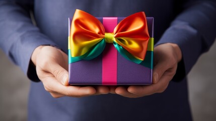 Man holds a gift with a rainbow ribbon in his hands close-up