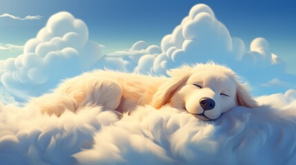 Illustration of a cute dog sleeping on the clouds in the sky	
