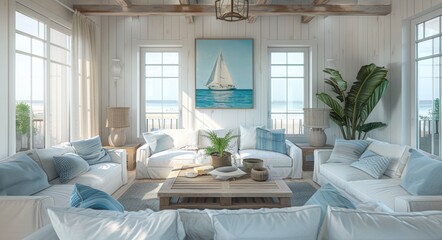 Sunny coastal living room with light blue accents, white walls and windows showcasing the beach view, elegant wooden coffee table surrounded by comfortable sofas, soft pillows creating 