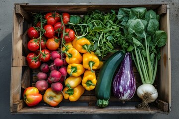 Top view of colorful fresh vegetables neatly arranged in a rustic wooden crate