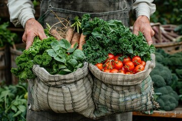 Fototapeta premium Hands holding fresh vegetables at the market