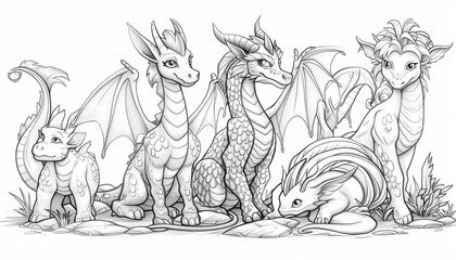 A simple line drawing of a coloring book depicting Fantasy creatures: dragons, elves, centaurs. , depicting a single story, event, thick lines for easy coloring by children, cartoon style, 