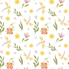 Seamless summer-themed pattern with bright flowers, leaves and insects hand-painted in watercolor. Fashionable floral design for printing. For children's textiles, fabrics, clothes, wallpapers