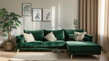 Fototapeta premium minimalist scandinavian living room interior with green velvet sofa and beige pillows