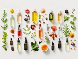 A collection of various essential oils and herbs are displayed in a row