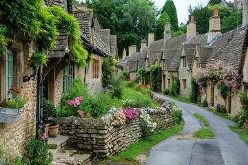Fototapeta premium A quaint English countryside village with charming thatched cottages, cobblestone streets, and blooming flower gardens