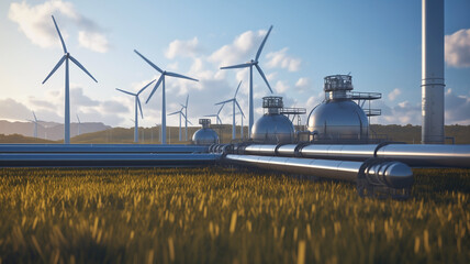 A hydrogen pipeline with wind turbines in the background