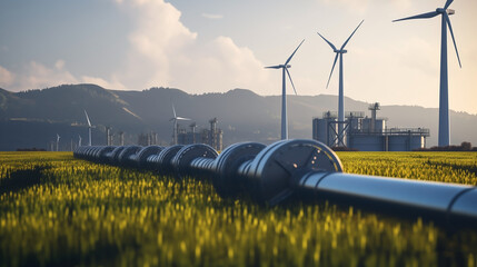 A hydrogen pipeline with wind turbines in the background