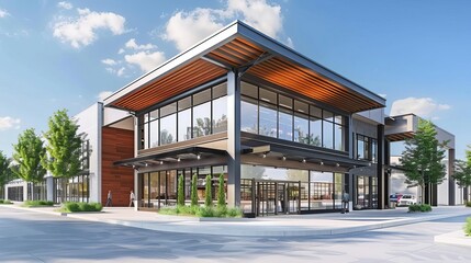 modern mixeduse retail and office building with sleek awning offering prime commercial space for lease or purchase 3d illustration
