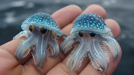 Two bioluminescent jellyfish, with cute eyes, gently cradled in human hands against a soft, oceanic backdrop, showcasing their delicate and luminous beauty.