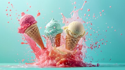 mouthwatering ice cream scoops exploding on colorful background food illustration cut out