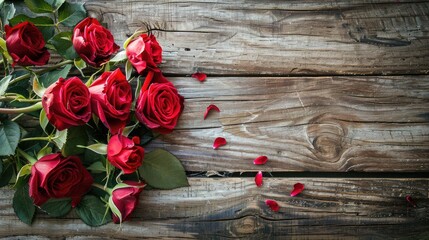 A beautiful arrangement of red roses adorns a rustic wooden table in celebration of Valentine s Day