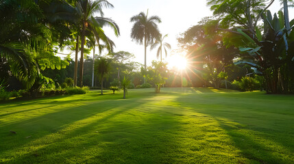 Obraz premium Panorama and tropical garden and green grass the sun shines : Generative AI