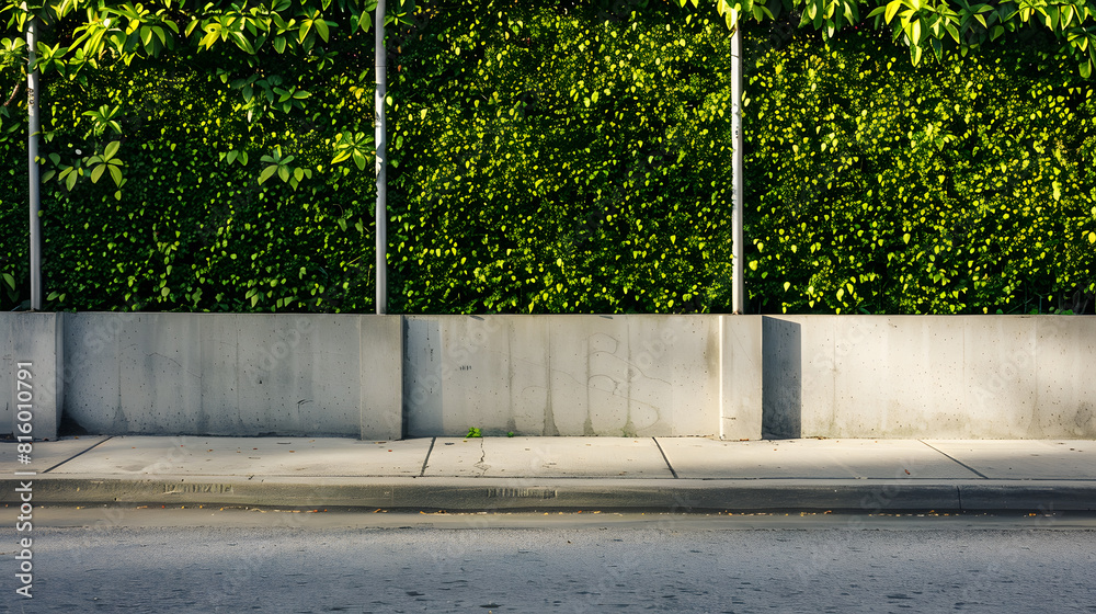 Poster House fence consisting by a long concrete rectangle block wall and a hedge above Cement sidewalk and asphalt street in front Background for copy space : Generative AI