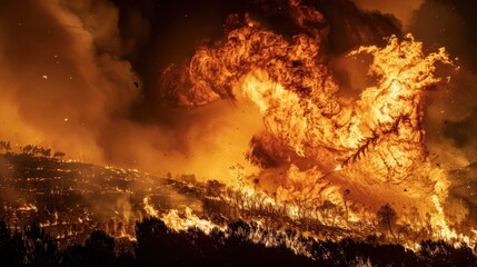 A fire is burning in the distance, with smoke and flames rising into the sky