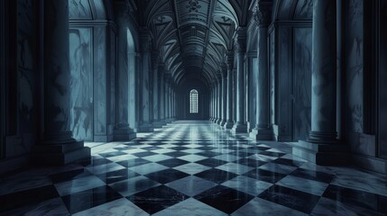 Abstract empty big hall dark gothic light room.