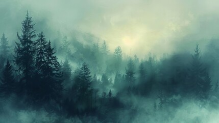 mysterious forest shrouded in dense fog atmospheric digital landscape painting