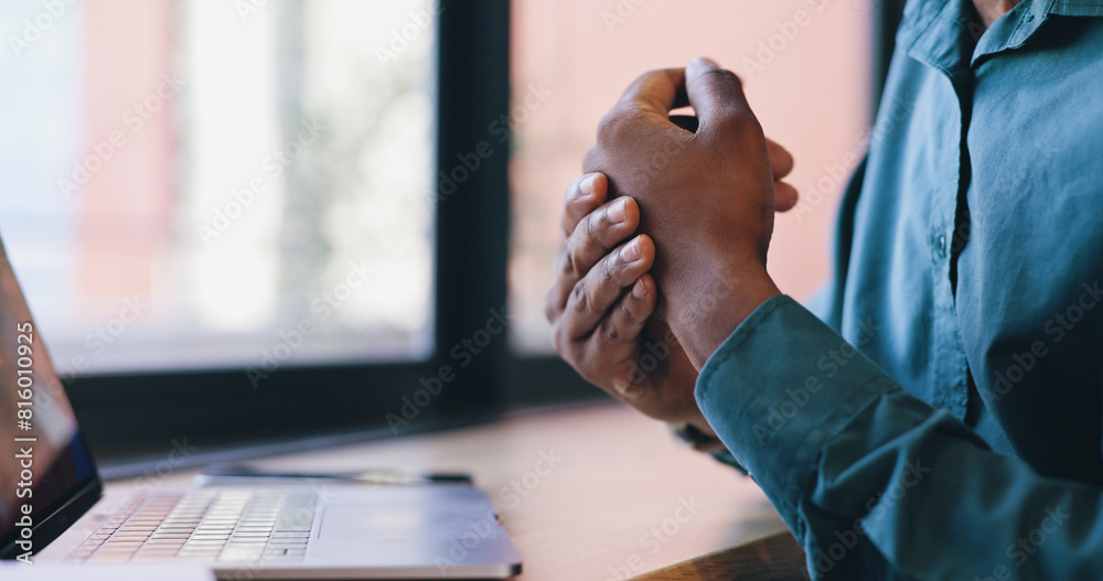 Poster Closeup, cafe and man with wrist pain, laptop or injury with carpal tunnel, bruise or broken. Hands with inflammation, copywriter or freelancer with computer, arthritis or muscle tension with strain