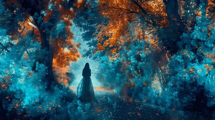 mysterious forest woman surreal photo manipulation in blue and orange