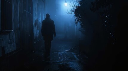 mysterious silhouette walking in dark foggy urban alley at night thriller concept