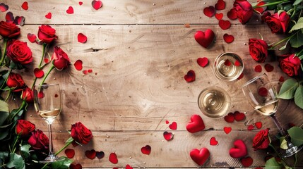 A Valentine s Day backdrop featuring red roses hearts and champagne glasses arranged on a wooden surface offering space for text
