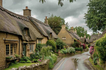 Fototapeta premium A quaint English countryside village with charming thatched cottages, cobblestone streets, and blooming flower gardens