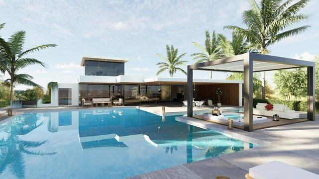 3D illustration of luxurious decor house with huge swimming pool and biocimlatic pergola. Establishing horizontal pull shot of villa with palm trees and whirlpool.