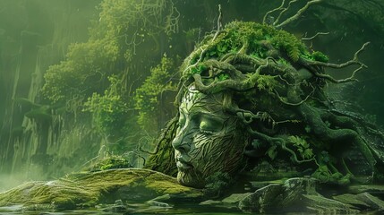 mystical water nymph statue covered in moss and roots digital painting
