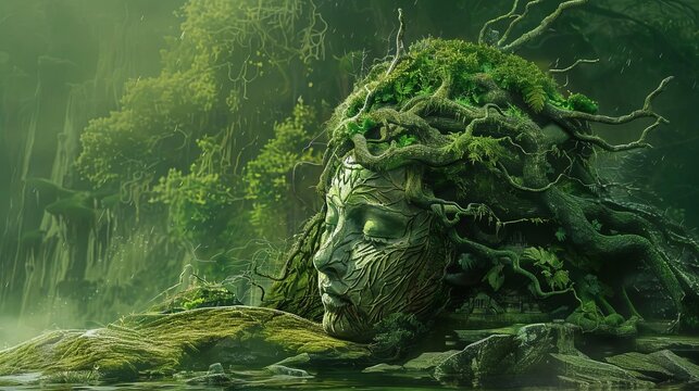 mystical water nymph statue covered in moss and roots digital painting