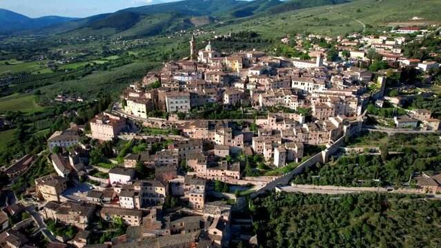 Italy, scenic Umbria region. View of beautiful medieval Trevi town (perugia province) aerial drone 4k hd video