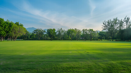 Background texture of clean and wellmaintained grass lawn with a variety of trees in the background against beautiful sky Vacant ground or empty unpowered campsite in a park Copy space : Generative AI