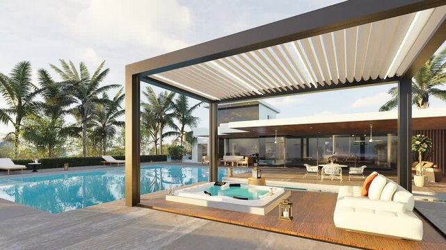 3D illustration of luxurious decor house with huge swimming pool and biocimlatic pergola. Side view zoom shot of villa with palm trees and whirlpool.