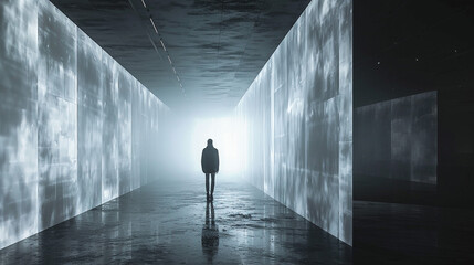 An immersive art installation in a darkened gallery space.