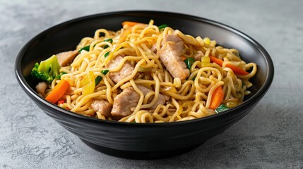 Stir fry chow mein noodles with pork and vegetable in black bowl. Generative Ai