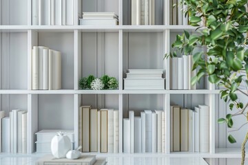 3D render of a white bookcase with books and decor on a table, in an interior design home office concept, shown in close up.
