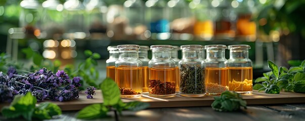 Laboratory analysis of Thai herbal compounds, high-tech gear amidst natural ingredients, fusion of tradition and science