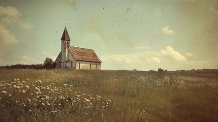 nostalgic vintage photograph of quaint old church in serene field evoking sense of timeless beauty and tranquility retro photography