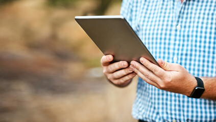 Hands, person and digital tablet in countryside for ecology research, crops and information on...