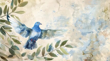 olive branch with blue dove on grunge paper background symbol of peace and hope watercolor illustration
