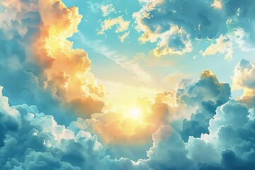 Lovely watercolor blue and yellow sky cloud. Generative Ai