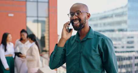 Black man, business phone call and discussion, communication and networking outdoor, plan or...