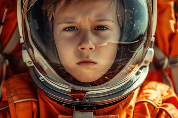 Portrait of a determined and visionary young child in an astronaut costume. Gazing up with anticipation and wonder