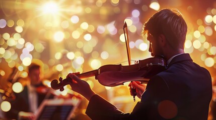 passionate violinist performs soulful melody with symphony orchestra on illuminated stage blurred background concept illustration