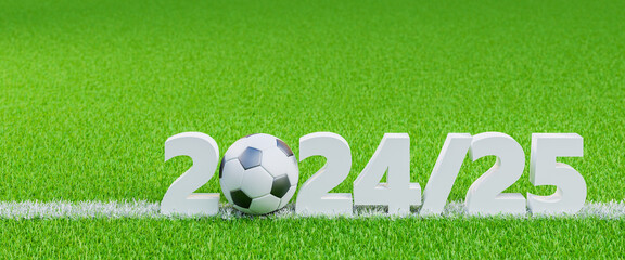 Soccer season 2024/2025 concept. A soccerball within the text 2_24/25 on a lawn with a line as...